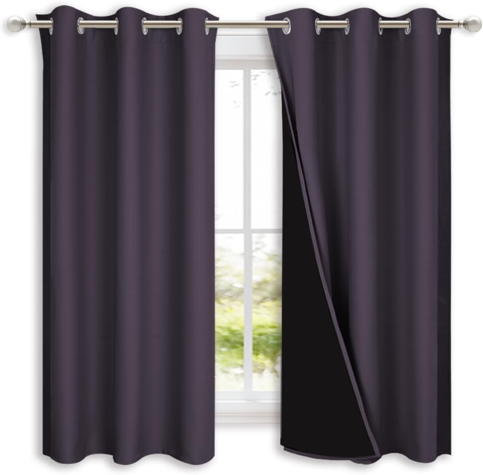 NICETOWN 100% Blackout Lined Curtains, Greyish Purple, 1 Pair, 42" Width x 63" Length Each Panel, 2 Thick Layers Completely Blackout Window Treatment Panels Thermal Insulated Drapes for Kitchen