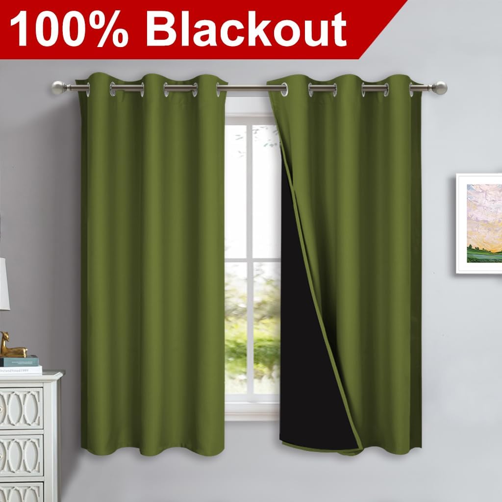 NICETOWN 100% Blackout Short Curtains with Black Liners, 2 Panels, 37" W by 40" L, Olive Green, Solid Thermal Insulated Full Blackout 2-Layer Lined Drapes, Energy Efficiency Window Drapes for Bedroom