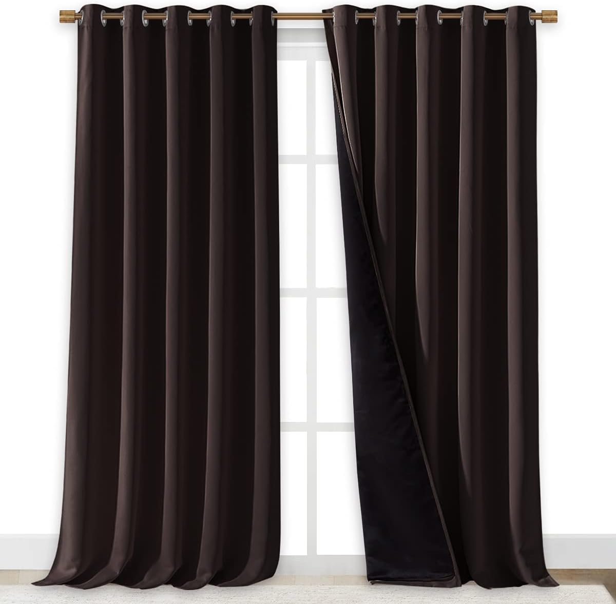 NICETOWN Full Shading Curtains for Windows, Brown, Pack of 2, 62 inches W x 95 inches L, Super Heavy-Duty Black Lined Blackout Curtains for Bedroom, Privacy Assured Window Treatment