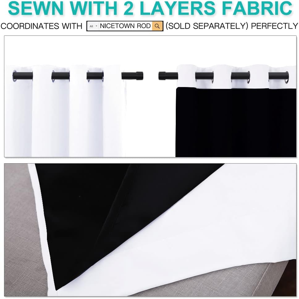 NICETOWN 100% Blackout Window Curtain Panels, Full Light Blocking Drapes with Black Liner for Nursery, 72 inch Drop Thermal Insulated Draperies (White, 2 Pieces, 52-inch Wide Per Panel)