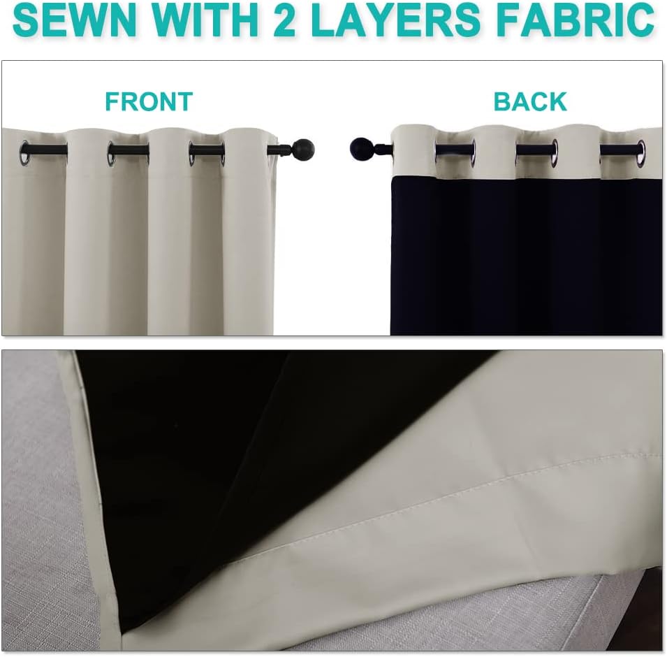 NICETOWN Natural 100% Blackout Lined Curtains, 2 Thick Layers Completely Blackout Window Treatment Thermal Insulated Drapes for Kitchen/Bedroom (1 Pair, 62 inches Width x 63 inches Length Each Panel)