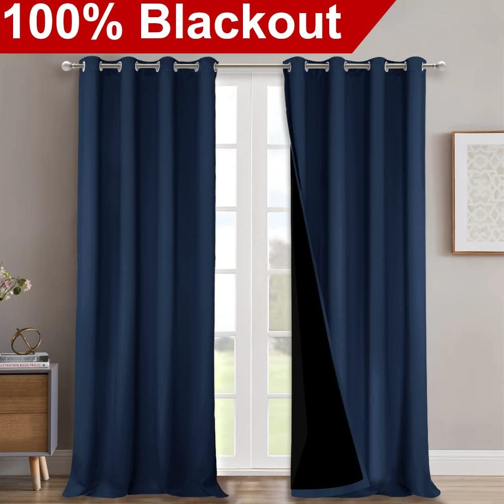 NICETOWN 100% Blackout Blinds, Set of 2, 46" x 96", Navy Blue, Laundry Room Decor Window Treatment Curtains for Large Patio Sliding Door, Thermal Insulated Curtains for Bedroom