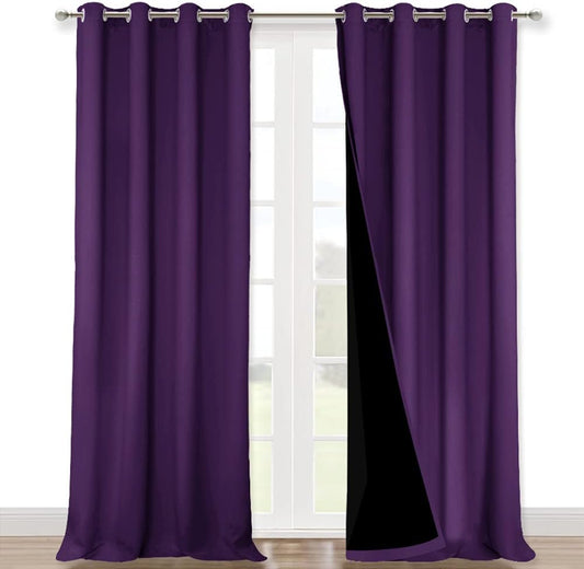 NICETOWN Truly Blackout Drapes for Living Room, Heavy-Duty Full Light Shading Curtain Set with Black Liner Backing for Villa/Hall/Dorm Window（Royal Purple, Package of 2, 52 inches W x 95 inches L