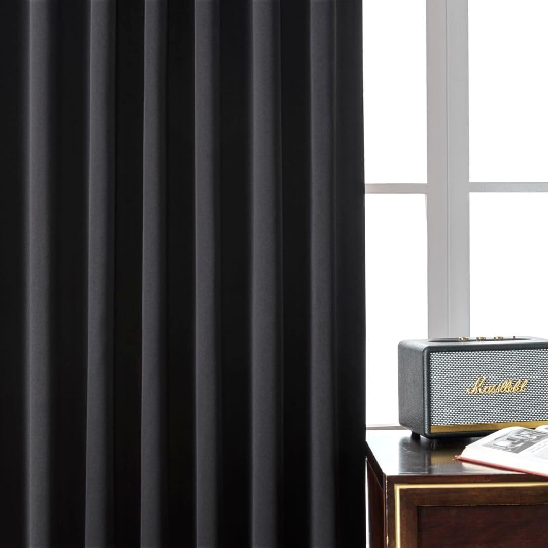 Joydeco 90 Inch Blackout Curtains for Bedroom, Thermal Insulated Black Out Curtains 2 Panels Set, Room Darkening Drapes for Living Room Window Rod Pocket Back Tab (W52 x L90 Inch, Black)