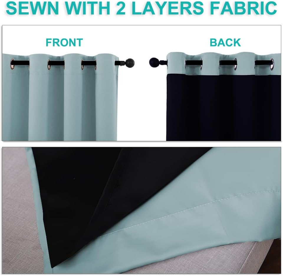 NICETOWN 100% Blackout Short Curtains with Black Liners, Sky Blue, 2 Panels, 37" W by 63" L, Solid Thermal Insulated Full Blackout 2-Layer Lined Drapes, Energy Efficiency Window Draperies for Bedroom