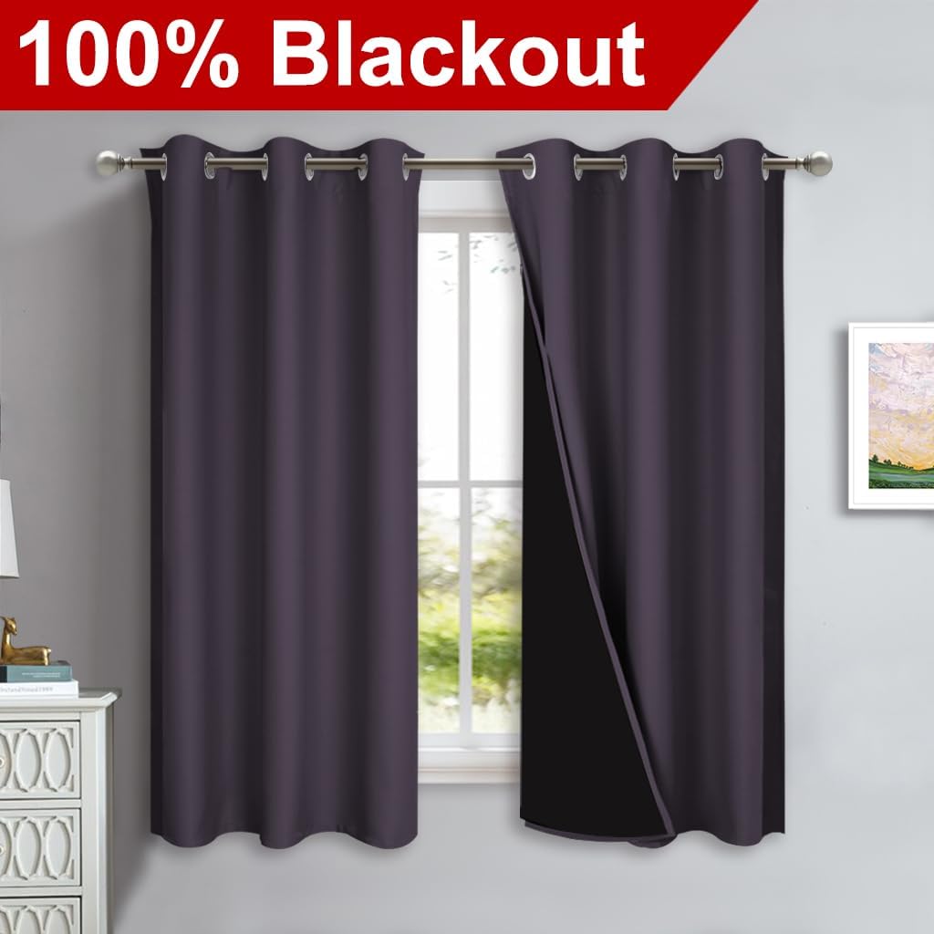 NICETOWN 100% Blackout Short Curtains with Black Liners, 2 Panels, 37" W by 60" L, Greyish Purple, Thermal Insulated Full Blackout 2-Layer Lined Drapes, Energy Efficiency Window Drapes for Bedroom