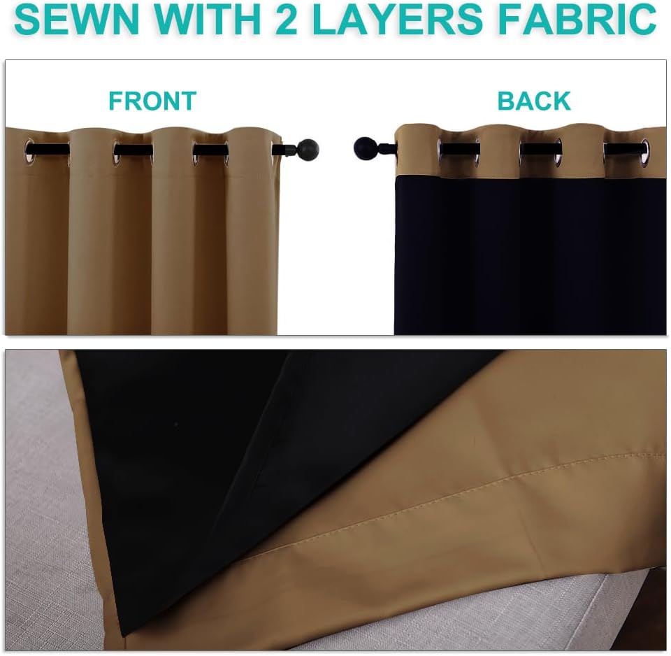NICETOWN 100% Blackout Short Curtains with Black Liners, 2 Panels, 37" W by 40" L, Gold Brown, Solid Thermal Insulated Full Blackout 2-Layer Lined Drapes, Energy Efficiency Window Drapes for Bedroom