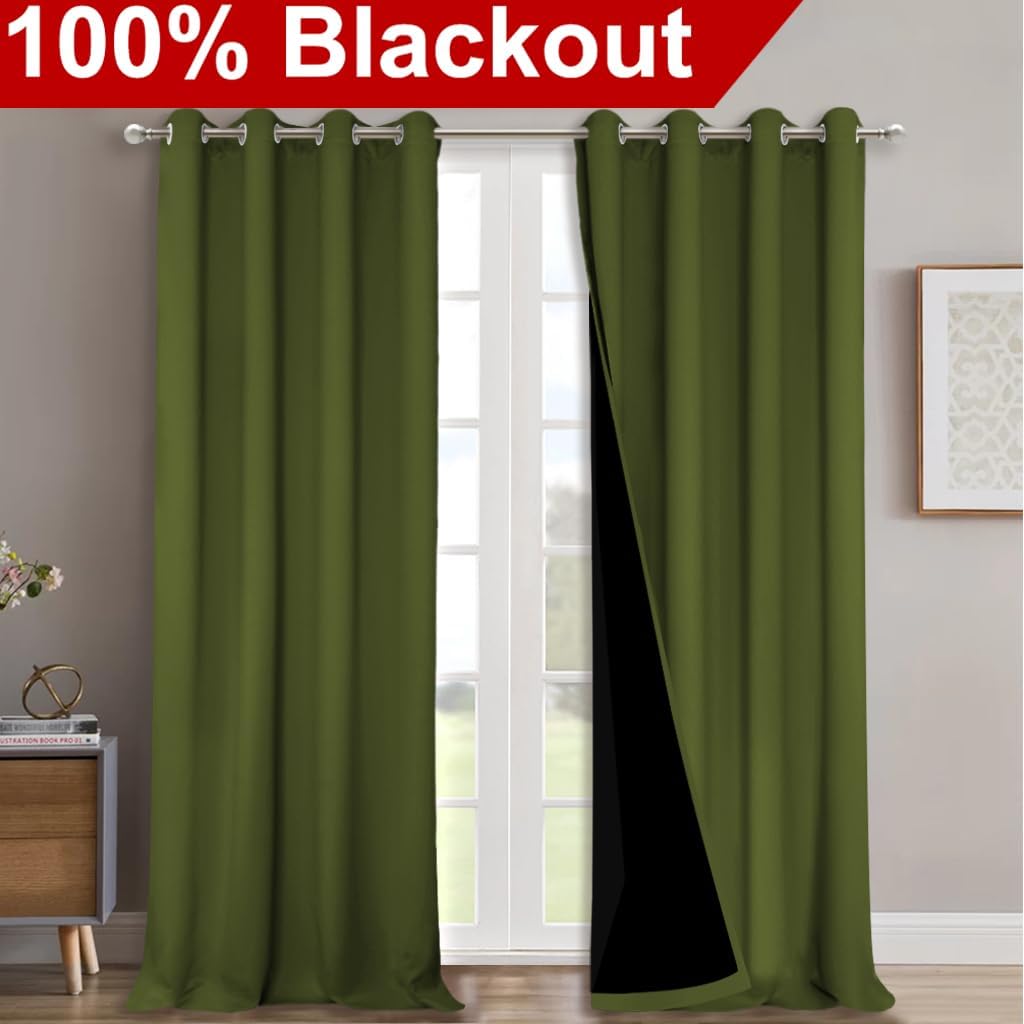 NICETOWN 100% Blackout Curtains for Windows, Pack of 2, Olive Green, 52" W x 102" L, Super Heavy-Duty Black Lined Total Darkness Drapes for Bedroom, Privacy Assured Window Treatment for Patio