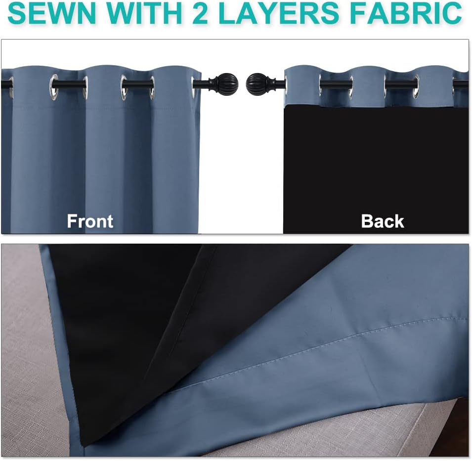 NICETOWN 100% Blackout Window Curtain Panels, Stone Blue, 2 Pieces, 37" Wide Each Panel, Heat and Full Light Blocking Drapes with Black Liner for Nursery, 50" Drop Thermal Insulated Draperies