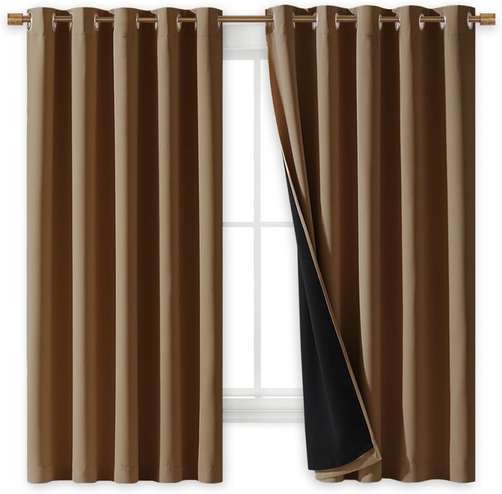 NICETOWN 100% Blackout Lined Curtains, Gold Brown, 1 Pair, 70" Width x 63" Length Each Panel, 2 Thick Layers Completely Blackout Window Treatment Thermal Insulated Drapes for Kitchen/Bedroom