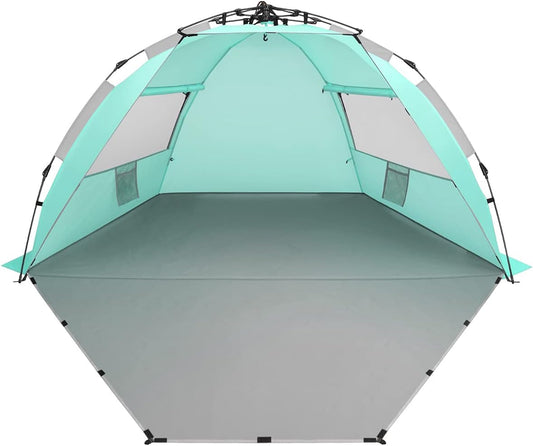 Oileus X-Large 4 Person Beach Tent Sun Shelter - Portable Sun Shade Instant Tent for Beach with Carrying Bag, Stakes, 6 Sand Pockets, Anti UV for Fishing Hiking Camping, Waterproof, Light Green