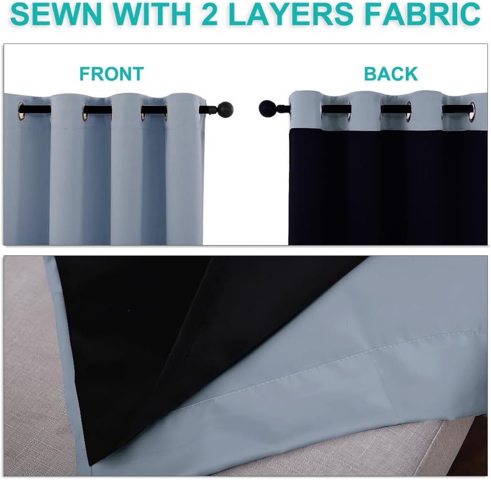 NICETOWN 100% Blackout Lined Curtains, Vintage Blue, 1 Pair, 70" Width x 63" Length Each Panel, 2 Thick Layers Completely Blackout Window Treatment Thermal Insulated Drapes for Kitchen/Bedroom