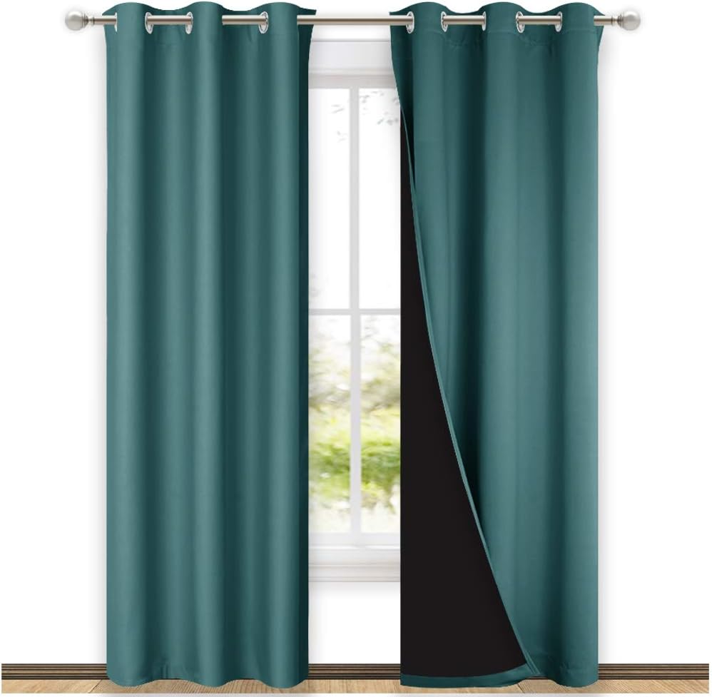 NICETOWN Sea Teal Full Shade Curtain Panels, 37" Wide x 80" Long, Sea Teal, Pair of Thermal Insulated & Energy Efficiency Blackout Drapes for Living Room, Lined Silky Performance Window Dressing
