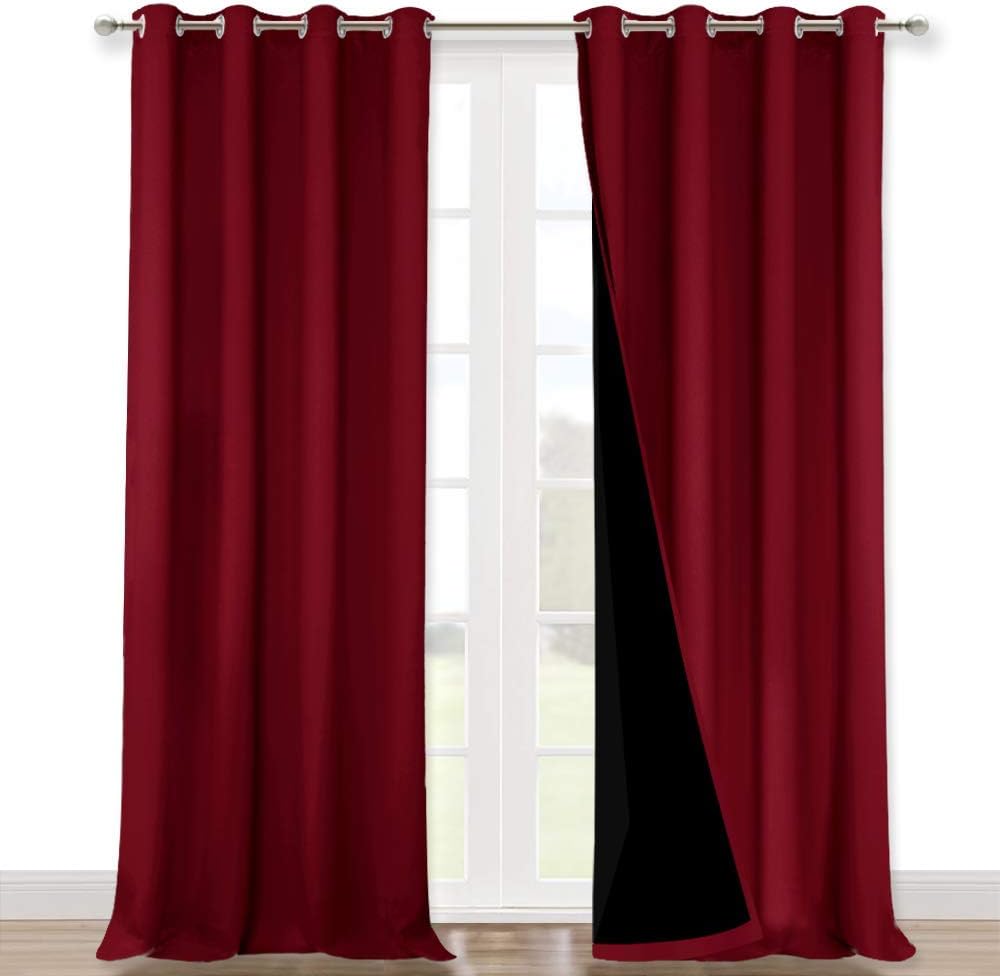 NICETOWN 100% Blackout Curtains with Black Liner Backing, Thermal Insulated Curtains for Living Room, Noise Reducing Drapes for Christmas, Burgundy Red, 52" x 102" Per Panel, Set of 2