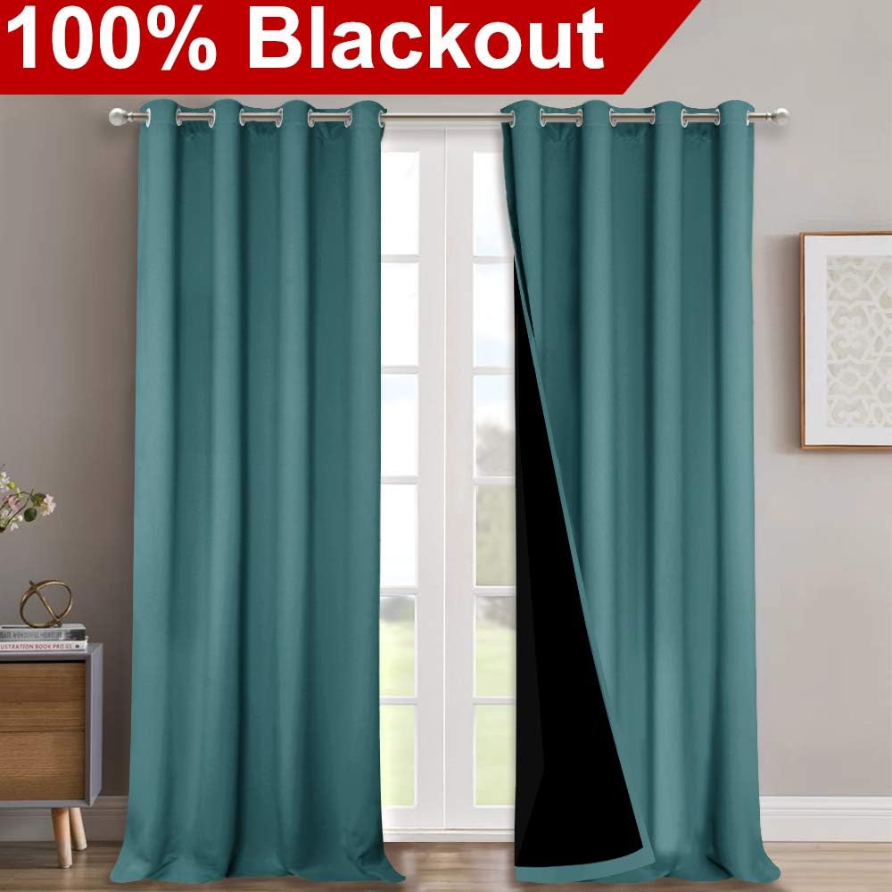 NICETOWN 100% Blackout Blinds, Laundry Room Decor Window Treatment Curtains, Thermal Insulated Energy Smart Drapes and Draperies for Villa, Hall and Studio, Sea Teal, Set of 2, 52 inches x 95 inches