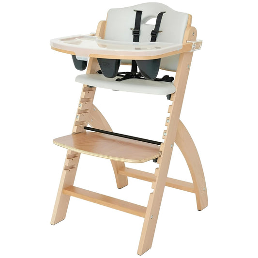 Abiie Beyond Junior Wooden High Chair with Tray - Adjustable and Convertible High Chair for Babies and Toddlers - 6 Months to 250 Lb - Water Resistant - Natural Wood/Dove Grey Cushion