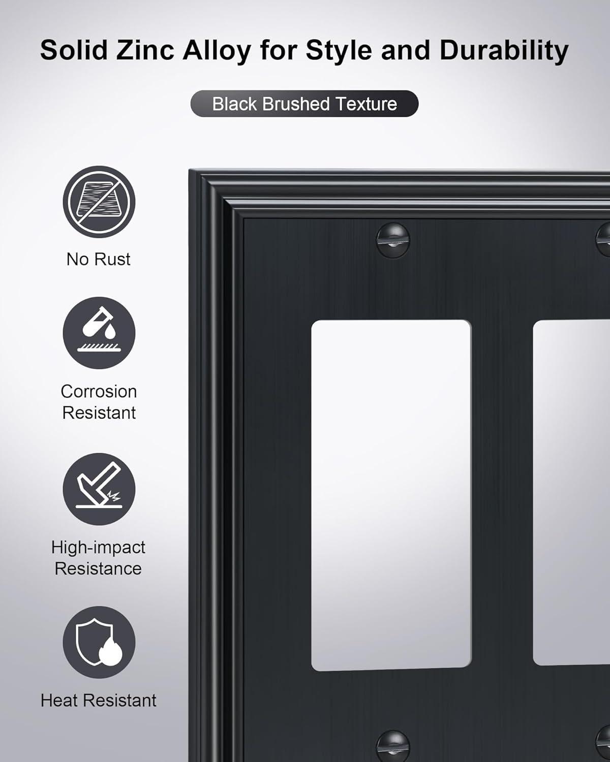 2-Pack Decorative Double Decorator Outlet Cover Plate, Durable Zinc Alloy Black Wall Plates for Electrical Outlets, Receptacle, GFCI Outlet, Dimmer Switch, 2-Gang, Corrosion Resistant
