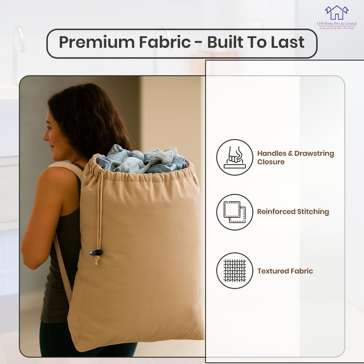 LFH Home Cotton Canvas Large Laundry Bag with Handle, Heavy Duty Drawstring Closure Washable Laundry Bags, School Travel, Home, Hotel, College Dorm, Organizer Sack, Toys Clothes 28x36-Beige