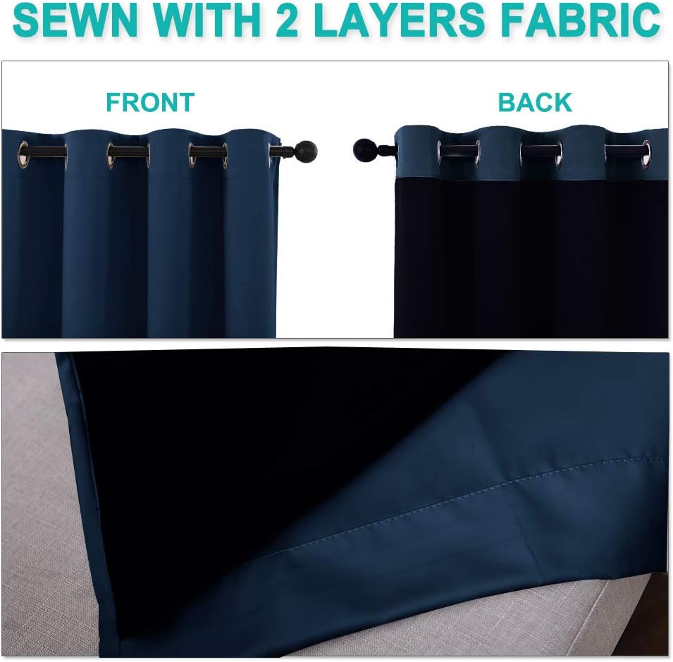 NICETOWN 100% Blackout Curtain Set, Thermal Insulated & Energy Efficiency Window Draperies for Guest Room, Full Shading Panels for Shift Worker and Light Sleepers, Navy Blue, 52W x 102L, 2 PCs