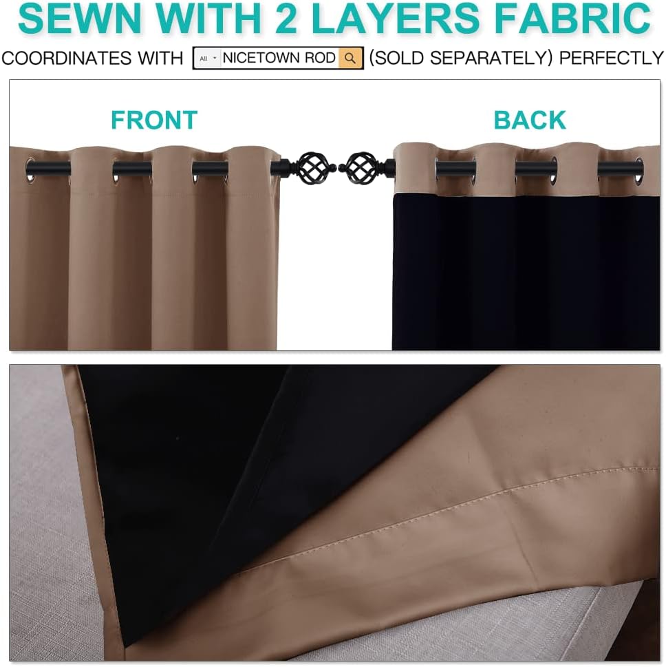 NICETOWN Room Warming Curtains, Bedroom Full Blackout Panels, Super Thick Insulated Window Covers, 100% Blackout Blinds with Black Liner for Small Window(Cappuccino, Set of 2 PCs, 52 by 45-inch)