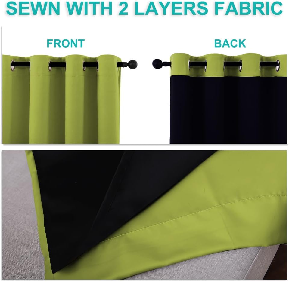 NICETOWN 100% Blackout Window Curtain Panels, Fresh Green, 2 Pieces, 62-inch Wide Per Panel, Full Light Blocking Drapes with Black Liner for Nursery, 72-inch Drop Thermal Insulated Draperies