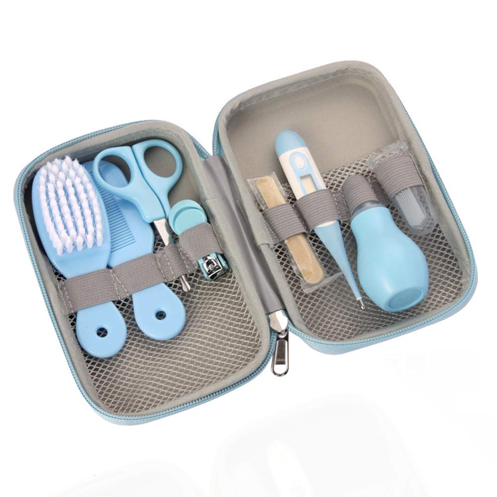 ZELINYE Baby Grooming Kit, 8 in 1 Baby Hair Brush/Nail Clipper/Nose Cleaner/Finger Toothbrush/Nail Scissors/Manicure Kit for Baby Care Keep Healthy and Clean(Blue)
