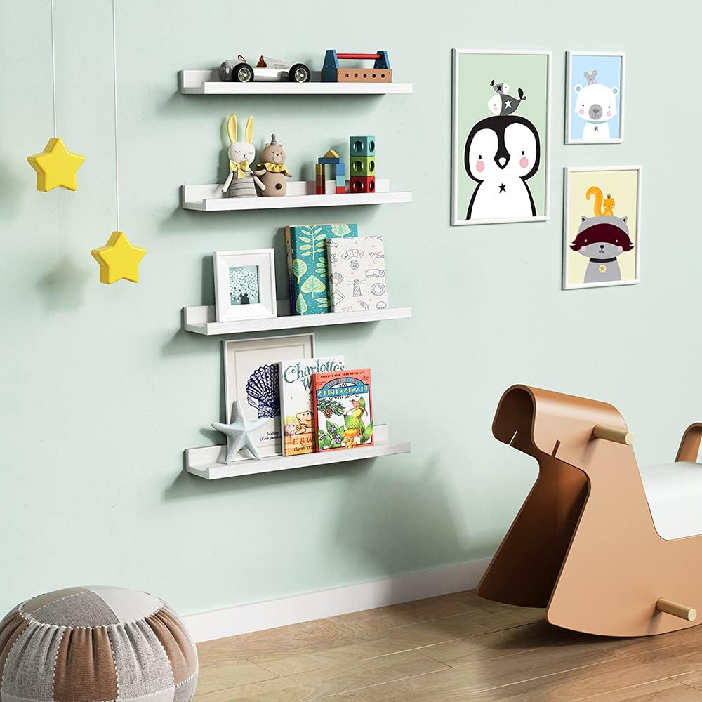 Forbena 24 Inch White Floating Shelves for Wall Set of 4, Wood Nursery Book Shelves for Kids Bedroom, Long Picture Ledge Shelf with Lip for Living Room Bathroom Office and Baby Wall Bookshelf