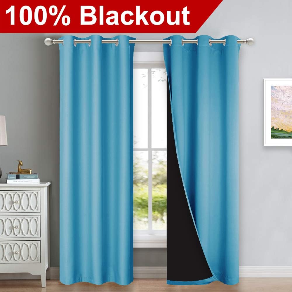 NICETOWN Teal Blue Full Shade Curtain Panels, Pair of Thermal Insulated & Energy Efficiency Blackout Drapes for Living Room Windows, Lined Silky Performance Window Dressing (37" Wide x 84" Long, Gray)