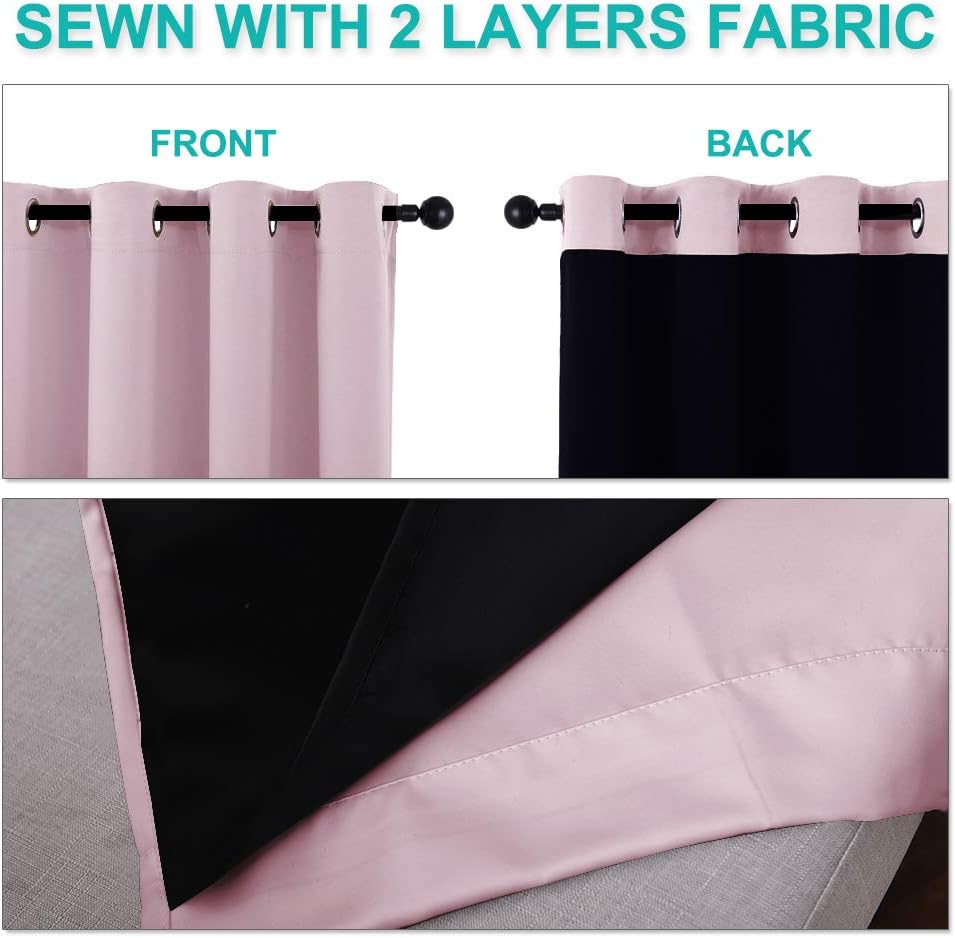 NICETOWN 100% Blackout Short Curtains with Black Liners, 2 Panels, 37" W by 63" L, Baby Pink, Solid Thermal Insulated Full Blackout 2-Layer Lined Drapes, Energy Efficiency Window Draperies for Bedroom