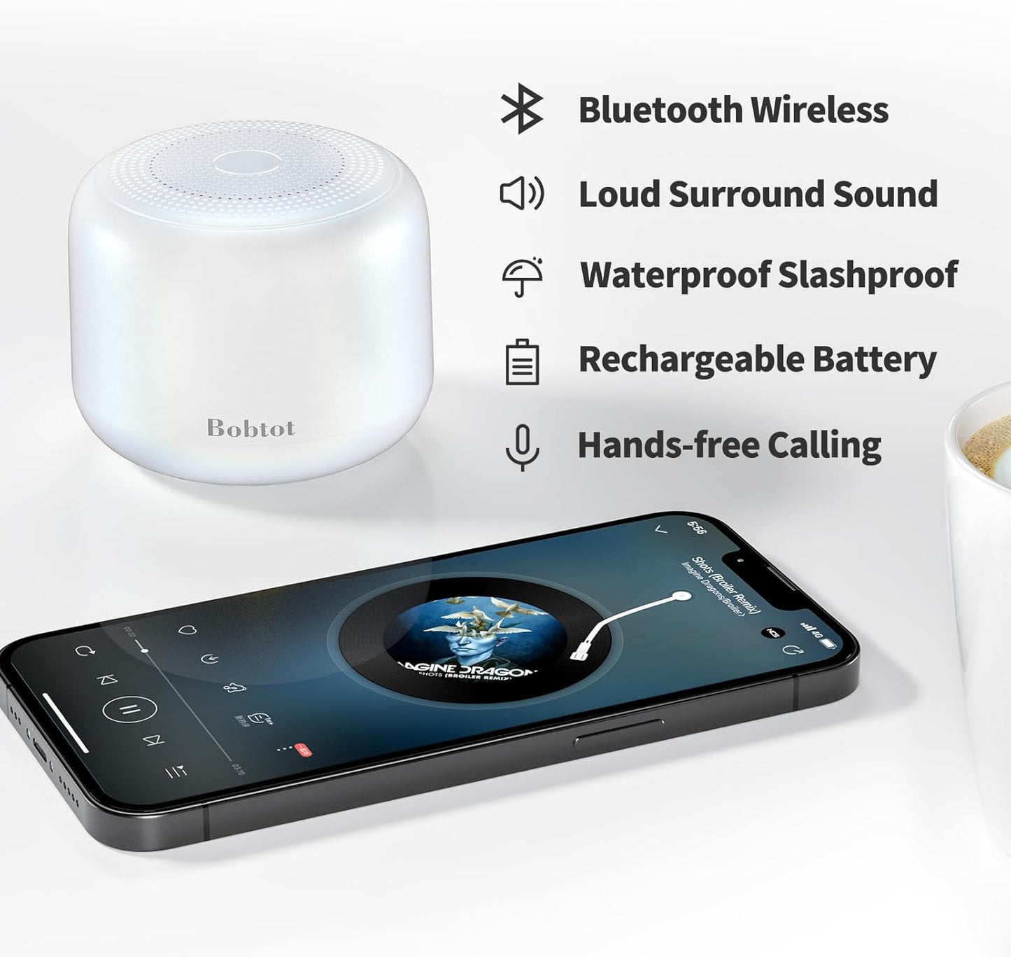 Bobtot Portable Bluetooth Speakers with Strap Easy to Carry, Wireless IPX5 Waterproof Mini Speaker with Loud Stereo Sound, 20 Hours Playtime, Rechargeable Battery, Built-in Microphone, White