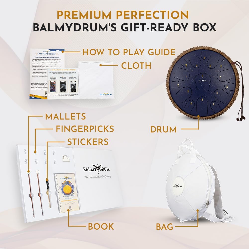 The Balmy Drum - 15 Note 14 Inch Steel Tongue Drum, Steel Drum Instrument, Drums For Children and Adults, Balmy Drum Set for Kids with Music Book, Handpan, Mallet and Carry Bag (Blue)