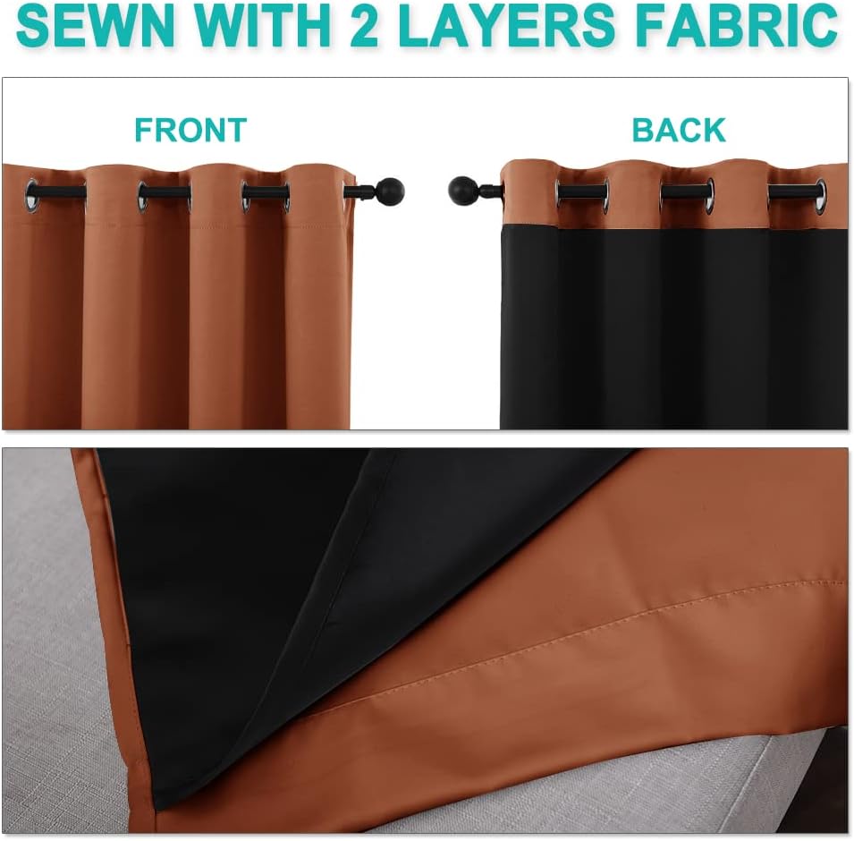 NICETOWN Burnt Orange 100% Blackout Lined Curtains, 2 Thick Layers Narrow Wide Window Treatment Panels Thermal Insulated Drapes for Kitchen Small Window (1 Pair, 37" Width x 63" Length Each Panel)