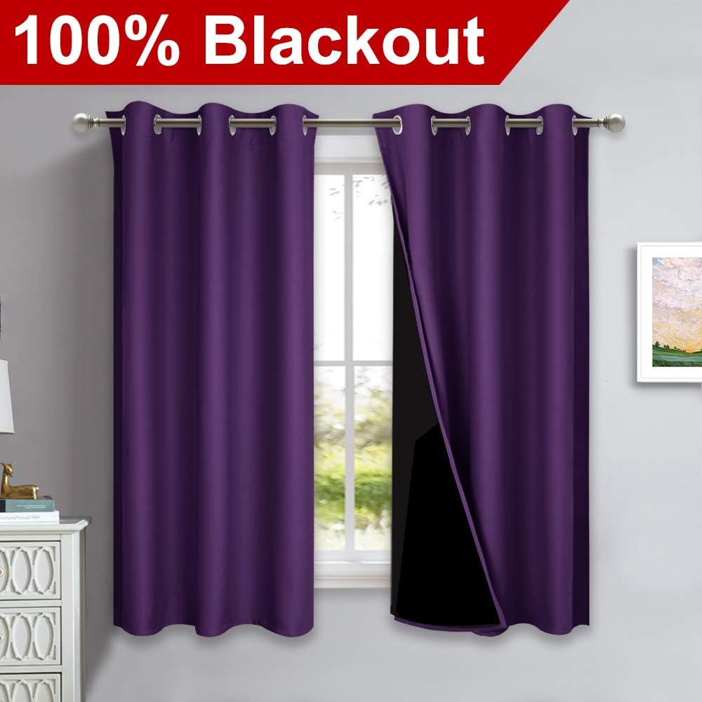 NICETOWN 100% Blackout Short Curtains with Black Liners, 2 Panels, 37" W by 63" L, Royal Purple, Solid Thermal Insulated Full Blackout 2-Layer Lined Drapes, Energy Efficiency Window Drapes for Bedroom