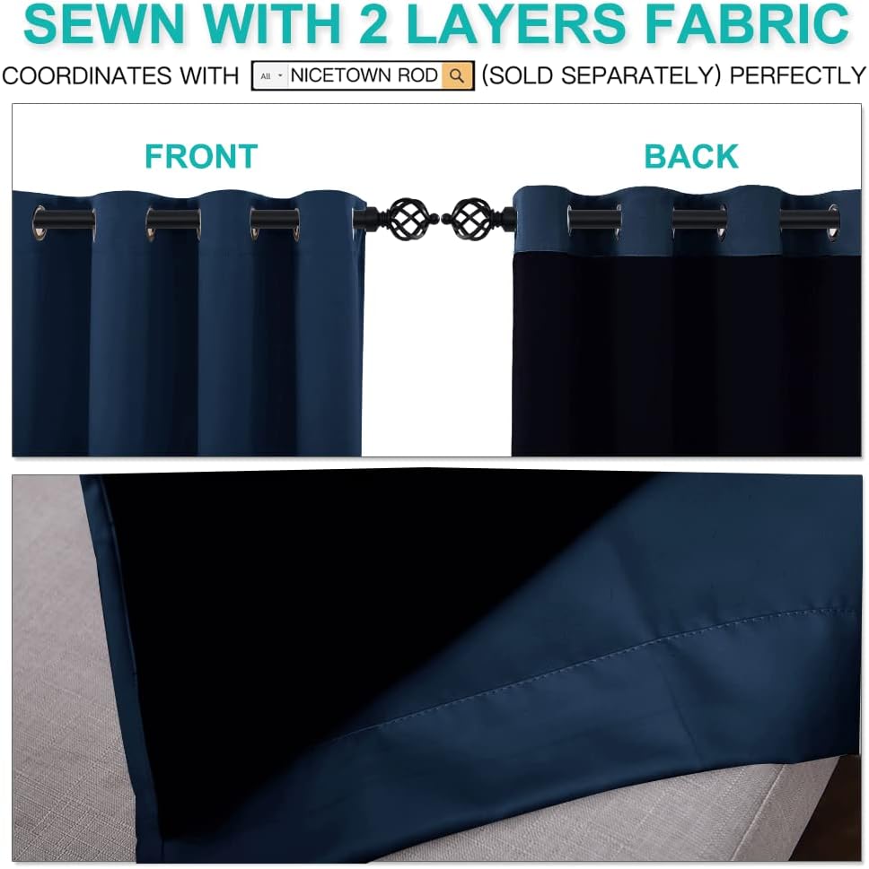 NICETOWN 100% Blackout Curtains with Black Liners, Thermal Insulated 2-Layer Lined Drapes, Energy Efficiency Small Window Draperies for Dining Room (Navy Blue, 2 Panels, 52 inches W by 54 inches L)