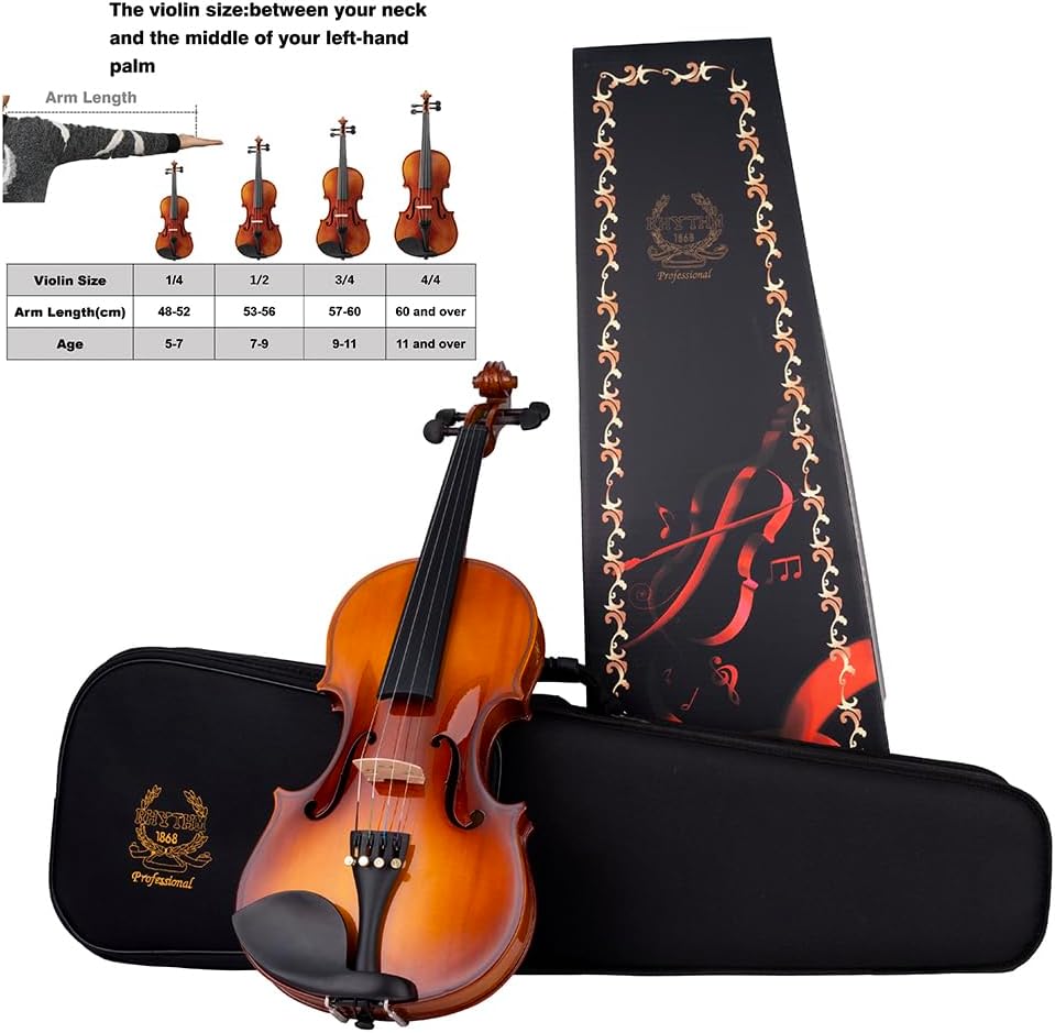 Rhythm Violin Set for Beginners,Acoustic Violins Starter Kit Package for Student,Beginners Fiddle with Hard Case, Rosin, Shoulder Rest, Bow, and Extra Strings (NATURAL, 3/4)