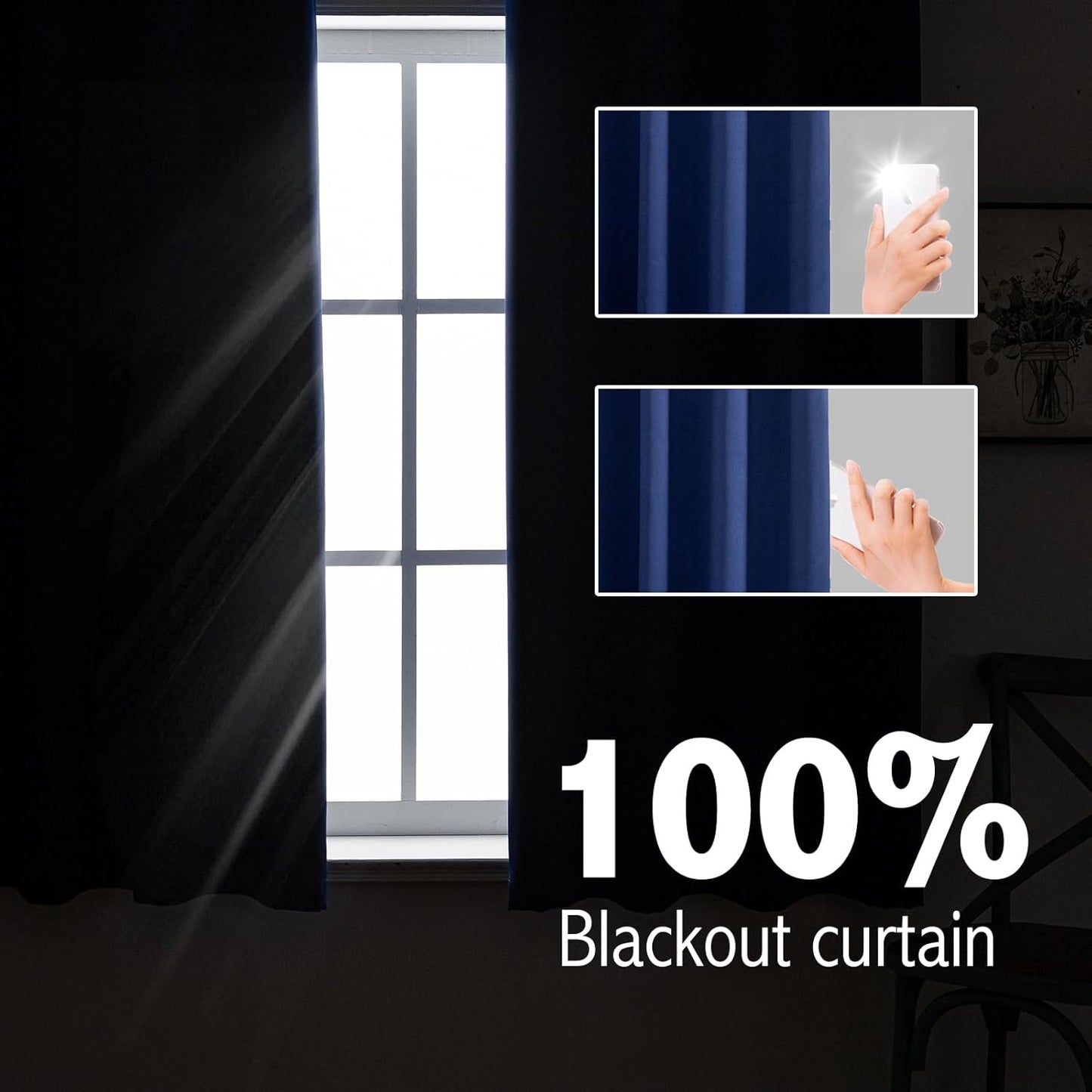 Anytime 100% Blackout Curtain Set, Thermal Insulated & Energy Efficiency Window Draperies for Guest Room, Full Shading Panels for Shift Worker and Light Sleepers（Navy Blue, 2 Panels, 42W x 45L）