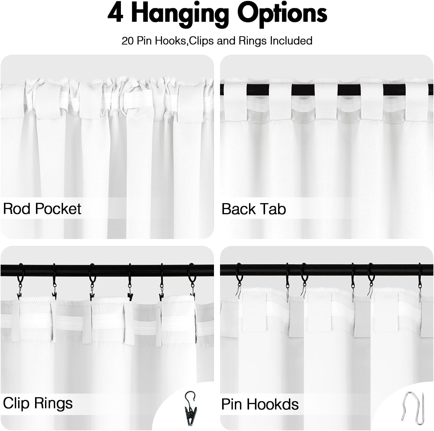 ANRODUO Back Tab Blackout Curtains for Bedroom Living Room, Rod Pocket Pinch Pleated Thermal Insulated Room Darkening Curtains 96 Inches Long 2 Panels, White, 42 x 96 Inch