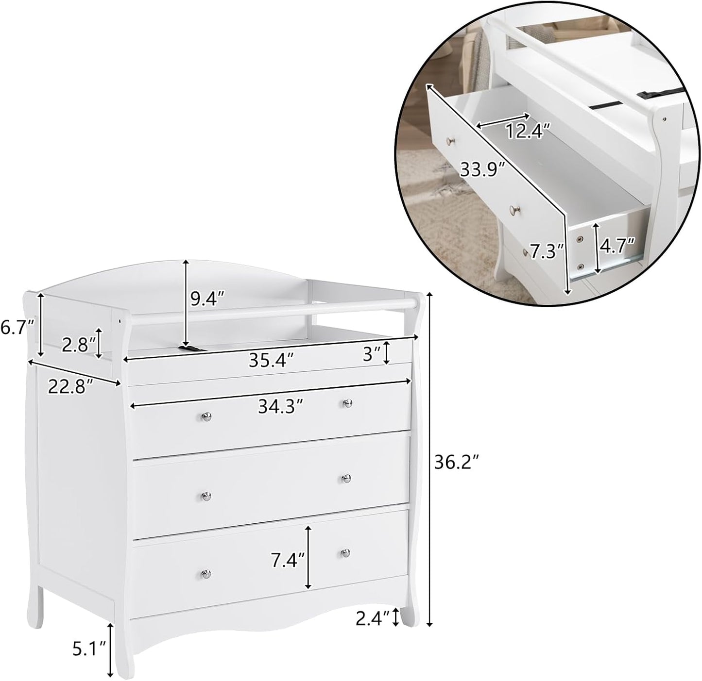 3-Drawer Changing Table, Safety Rails & Strap, Infant Diaper Changing Station with Drawers, Baby Diaper Changing Table Dresser for Nursery, Easy Assembly (White)