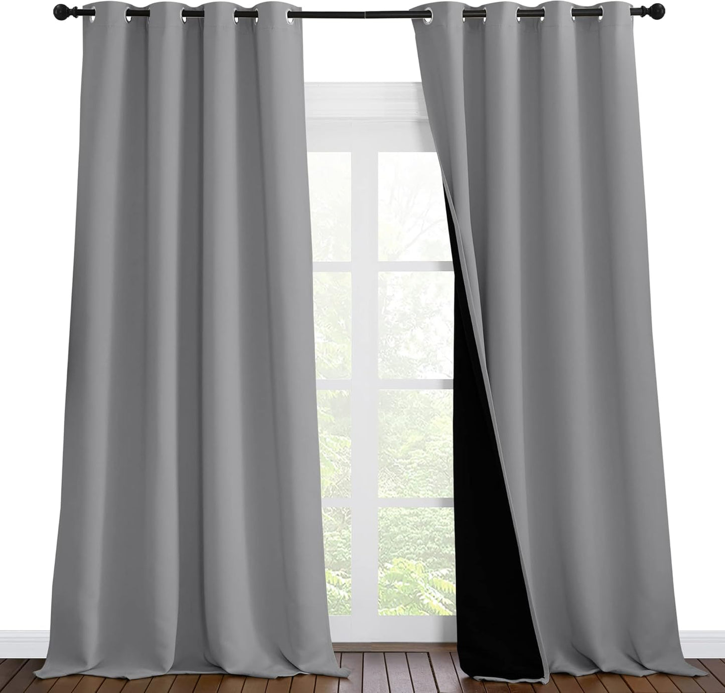 NICETOWN Total Shade Curtains and Draperies, Heavy-Duty Full Light Shading Drapes with Black Liner Backing for Villa/Hall/Dorm Window（Silver Grey, Package of 2 Panels, 55 inches Wide x 96 inches Long