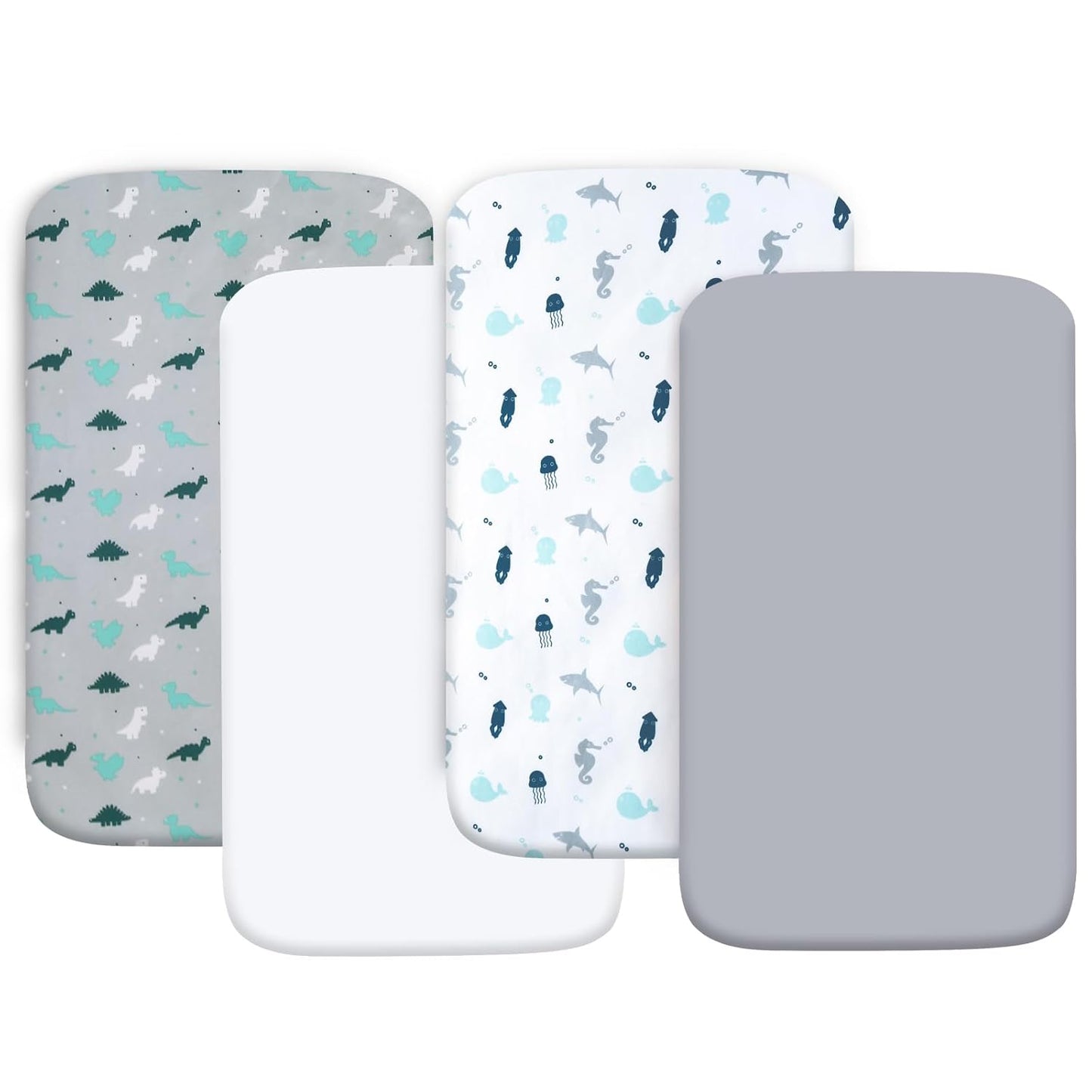 Crib Sheets for Boys or Girls 4 Pack, Baby Crib Sheets 52'' x 28'' for Standard Crib & Toddler Mattress, Soft and Breathable Material, Baby Crib Sheet Neutral, Grey Dinosaurs & Ocean