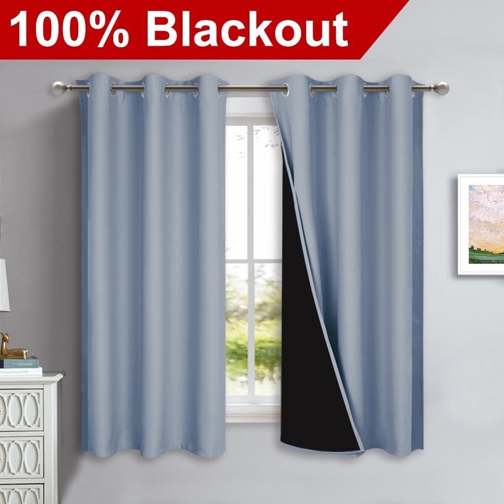 NICETOWN 100% Blackout Curtains 45 inches Long, 1 Pair, 42 inches Width Each Panel, Vintage Blue, 2 Thick Layers Completely Blackout Window Treatment Thermal Insulated Lined Drapes for Small Window