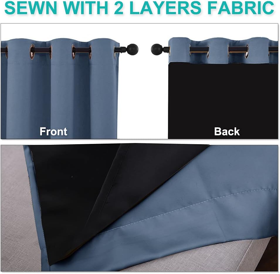 NICETOWN 100% Blackout Curtains with Black Liners, Thermal Insulated Full Blackout 2-Layer Lined Drapes, Energy Efficiency Window Draperies for Bedroom (Stone Blue, 2 Panels, 55-inch W by 68-inch L)