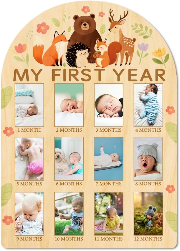 ORIGACH My First Year Baby Growth Photo Display Wood Board - 12 Months Newborn Milestones Photo Board - Neutral Baby Keepsake Frame 1st Birthday Party Nursery Decor New Mom Gift - Forest Animals