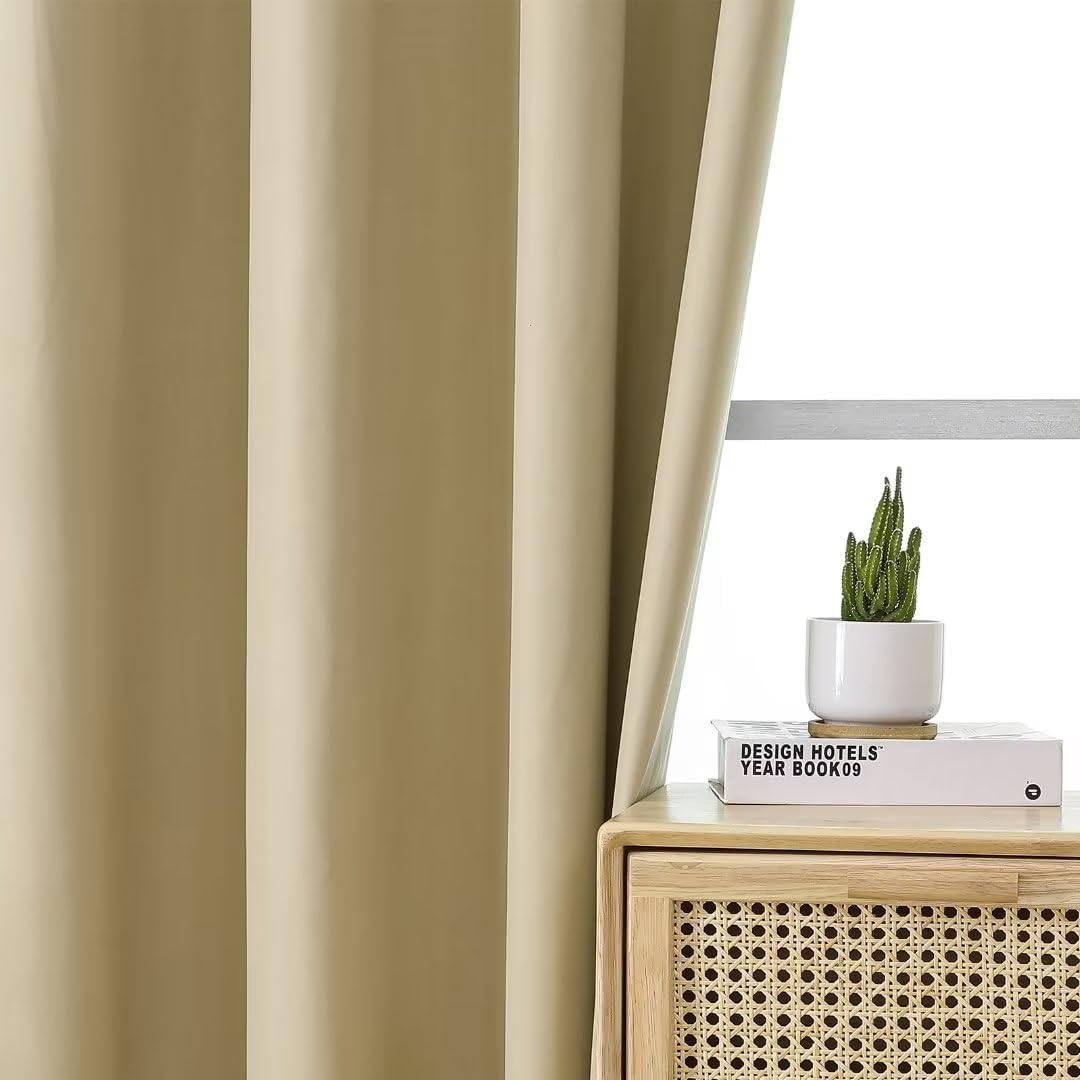Joydeco 100% Beige Black Out Curtains 96 Inches Long 2 Panels Set, Blackout Curtains 96 Inches Long for Bedroom Windows, Solid Thermal Insulated 96 Inch Black Out Drapes 2 Panels for Livingroom