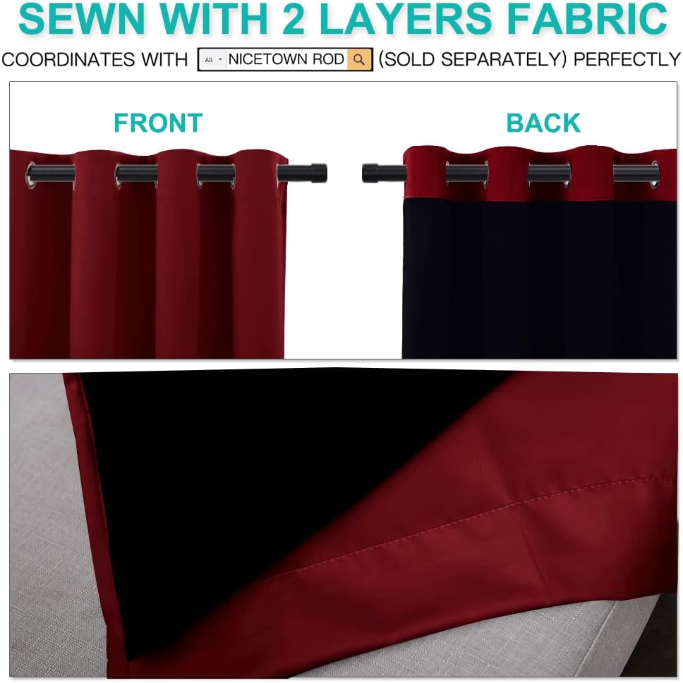 NICETOWN 100% Blackout Cold Blocking Curtains with Black Liner Backing, Thermal Insulated Curtains for Living Room, Noise Reducing Drapes, Burgundy Red, 52 inches x 84 inches Per Panel, Set of 2