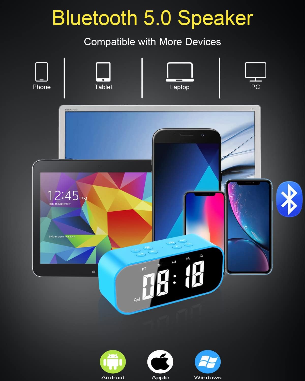 AFK Digital Alarm Clock with Bluetooth Speaker,Desk Clock for Bedrooms,Small Table Clock with Dual Alarms,Snooze,Dimmable LED Display.