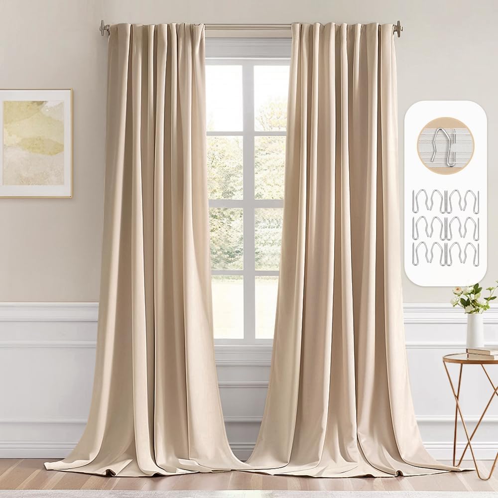 MIULEE Back Tab Beige Curtains 96 Inch Long 2 Panels Set for Living Room Bedroom, Cream Rod Pocket/Pinch Pleated Light Blocking Thermal Insulated Room Darkening Floor to Ceiling Blackout Drapes