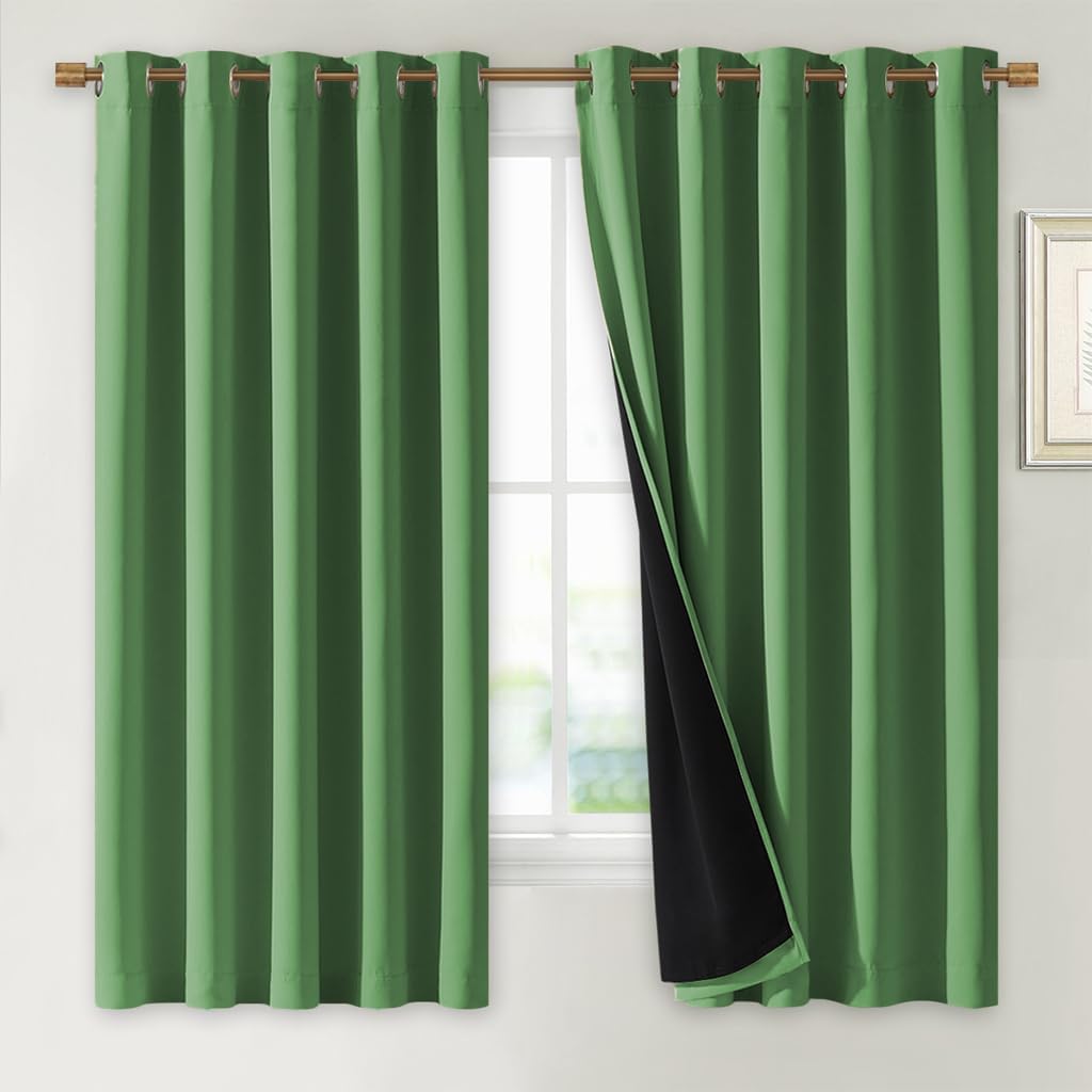 NICETOWN 100% Blackout Lined Curtains, Forest Green, 1 Pair, 70" Width x 63" Length Each Panel, 2 Thick Layers Completely Blackout Window Treatment Thermal Insulated Drapes for Kitchen/Bedroom