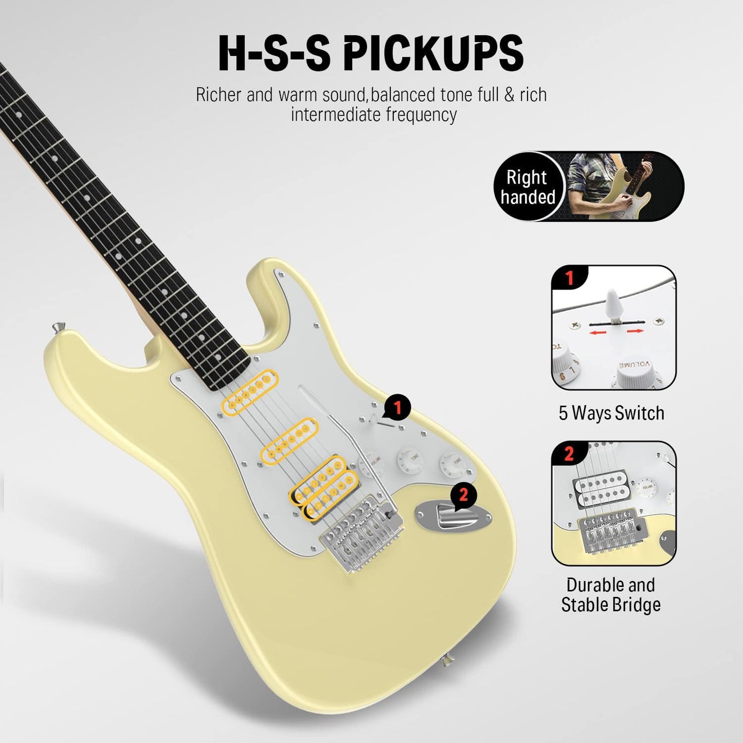Donner 39-Inch Electric Guitar Starter Kit - Yellow, with Amp, Bag, Tuner, Capo, Strap, Strings, Cable, Picks