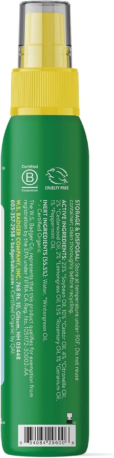 Badger Bug Spray, Family Friendly All Natural Mosquito Repellent w/Organic Essential Oils, Great Smelling Citronella Spray, Effective for 3 Hours, Deet-Free Vegan Plant Based Insect Repellent 4 fl oz